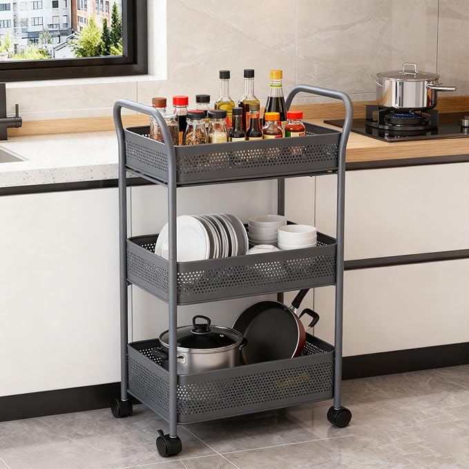3 Tier Rolling Cart, Steel Multi Functional Movable Storage Organizer - Image 4