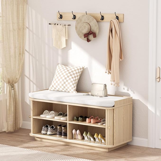 Hall Tree with Bench and Shoe Storage, Entryway Bench with Sliding Door Cabinet - Image 3