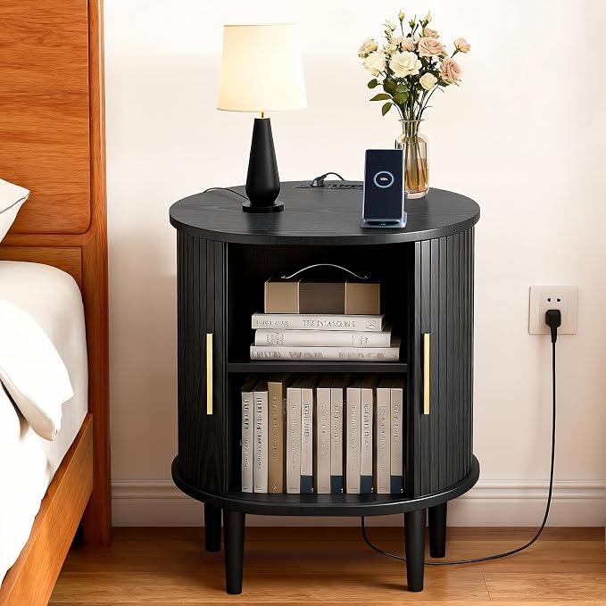 Nightstand with Charging Station, Fluted Accent Side Table with Sliding Door & - Image 3