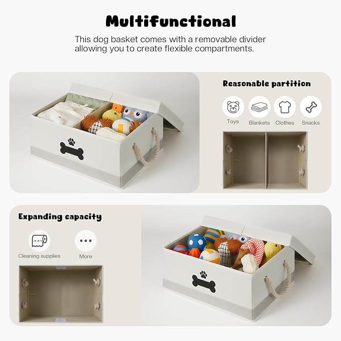 Dog Toy Basket with Double-Open Lid, Divided Dogs Basket - Image 3