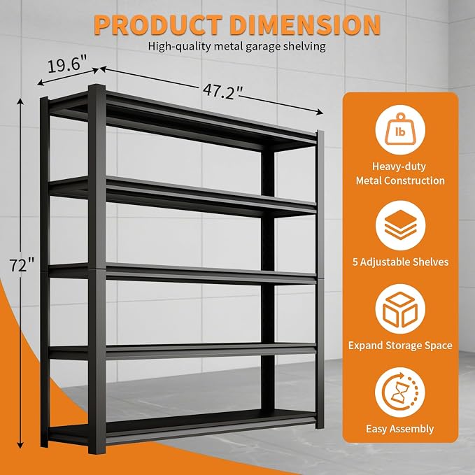 Dyoung 47. 2" W Garage Storage Shelves Adjustable 5 Tier Metal Shelves Heavy - Image 3