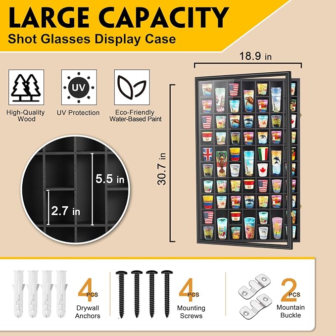 Black Shot Glass Display Case Large 61 Slots Glass Display Holder Wall Mounted - Image 2