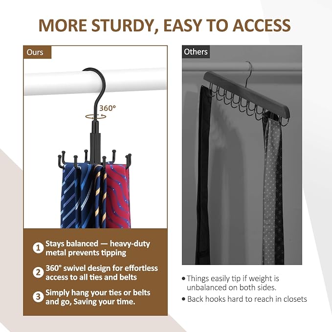 ZEDODIER Tie Hanger for Closet, 2 Pack Rotatable Tie Organizer for Men - Image 4