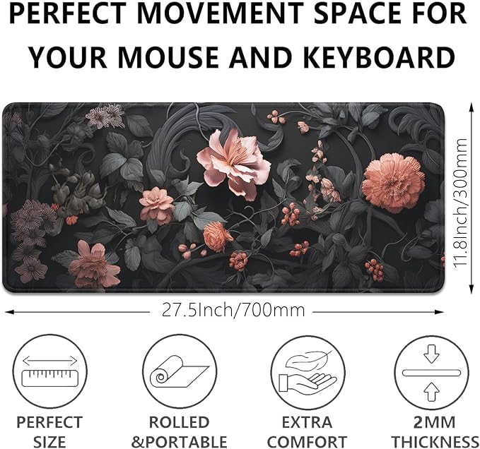 Black Art Flowers Mouse Pad, Large Vintage Floral Mousepad Desk Pad - Image 3