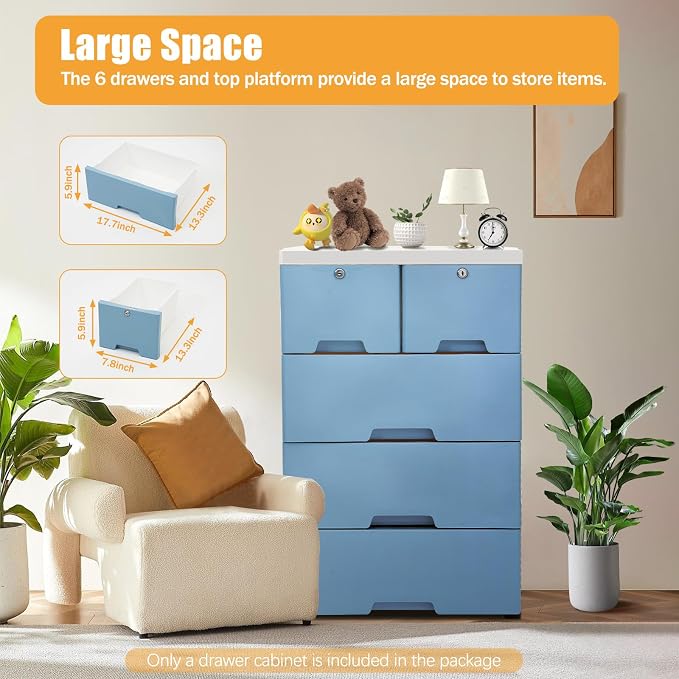 5-Layers Plastic Dresser with 6 Drawers Movable Chest of Drawers Locked Storage - Image 4