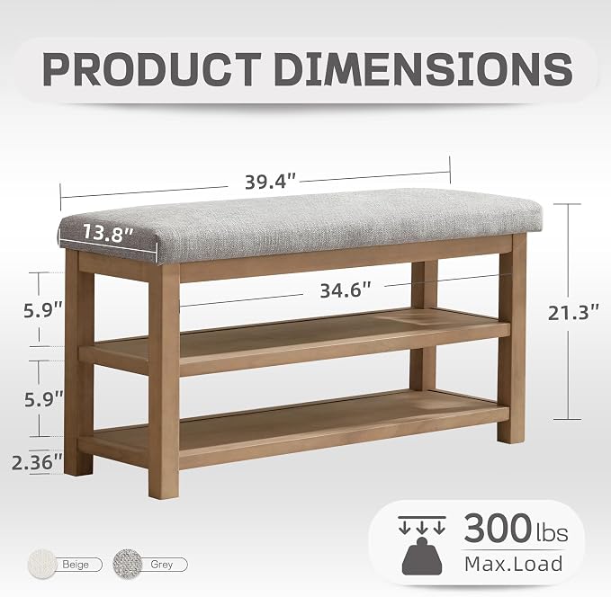 2 Tier Shoe Rack Bench with Cushion, Solid Wood Shoe Benches, Mid-Century - Image 2