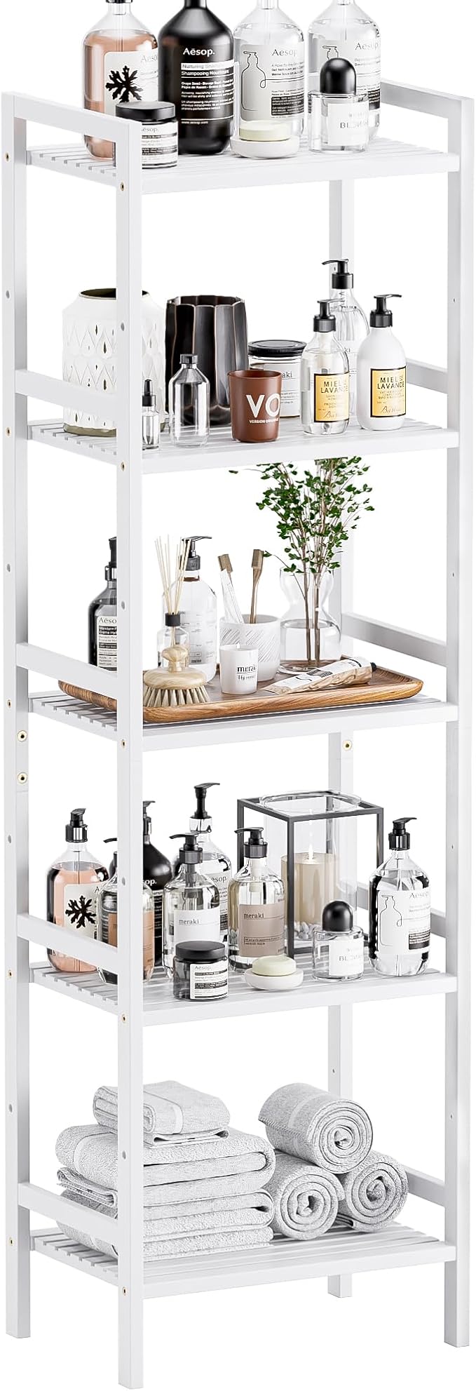 HITNET 5 Tier Bamboo Shelf, Tall Narrow Bookcase, Freestanding Bathroom Storage by HITNET