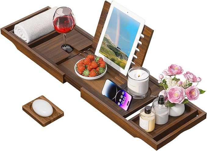 Wooden Bathtub Tray for Luxury Bathroom, Expandable Premium Teak Bath Tray by KiasthomeBathroomAccessories