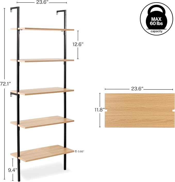 happimess MSH1001B Madera 72.05" Classic Industrial 5-Shelf Wood Wall-Mounted - Image 3