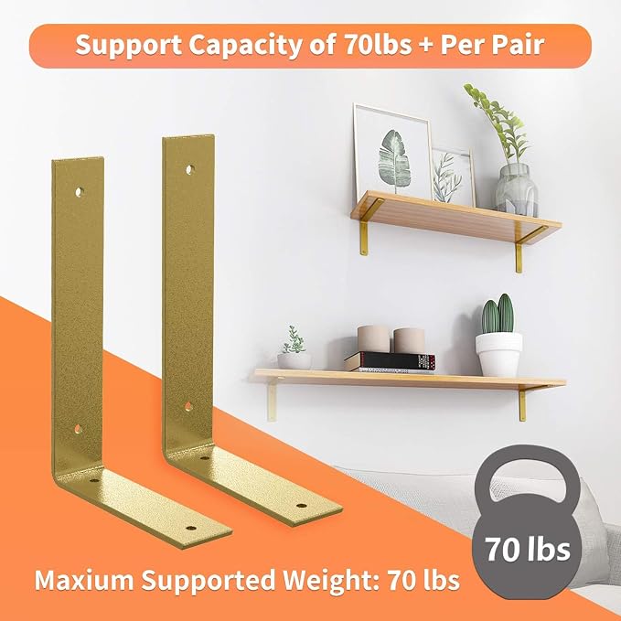 Gold Heavy Duty Shelf Brackets 12 Inch, Extra Thick L Shelving Brackets - Image 4