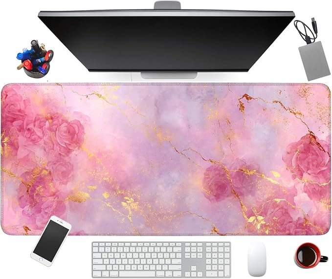 Elegant Pink Rose and Gold Marble Mouse Pad –35.43" x 15.75" Extended Desk Mat - Image 8