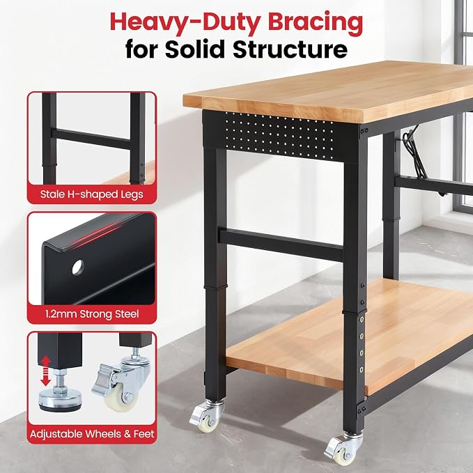 Workbench with Wheels 48 Inch Adjustable Height Work Table with Under Table - Image 4