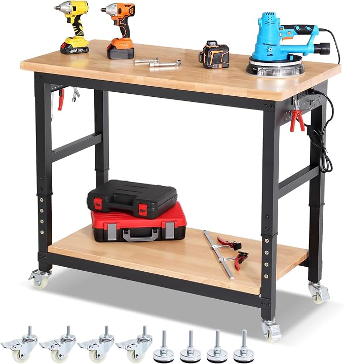 Workbench with Wheels 48 Inch Adjustable Height Work Table with Under Table by ENJOYWOOD