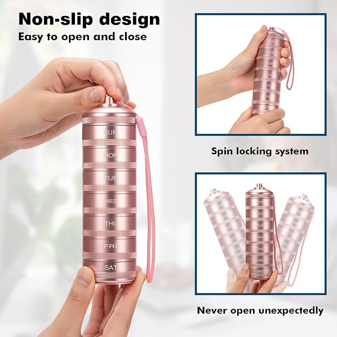 XHT Pink Weekly Metal Pill Organizer 7 Day 2 Times a Day – Aesthetic Waterproof - Image 5