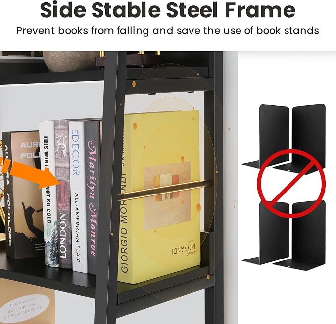 Himimi Black Ladder Bookshelf, 5 Shelf Bookcase Industrial Bookshelf Wood and - Image 5