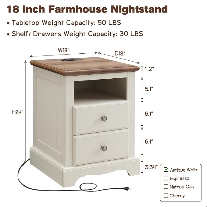 T4TREAM Nightstand with Charging Station, 18 Inch Vintage End Table with 2 - Image 2