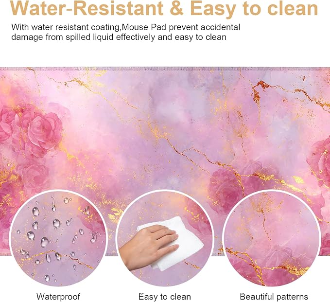 Elegant Pink Rose and Gold Marble Mouse Pad –35.43" x 15.75" Extended Desk Mat - Image 6