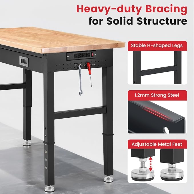 Workbench for Garage with Drawers 48 x 24 Inch Rubberwood Tabletop Work Table - Image 4