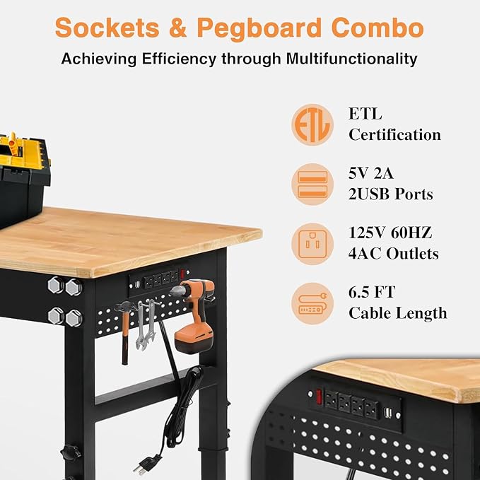 Betterhood 48" Adjustable Workbench on Wheels, Rubber Wood Heavy Duty - Image 3