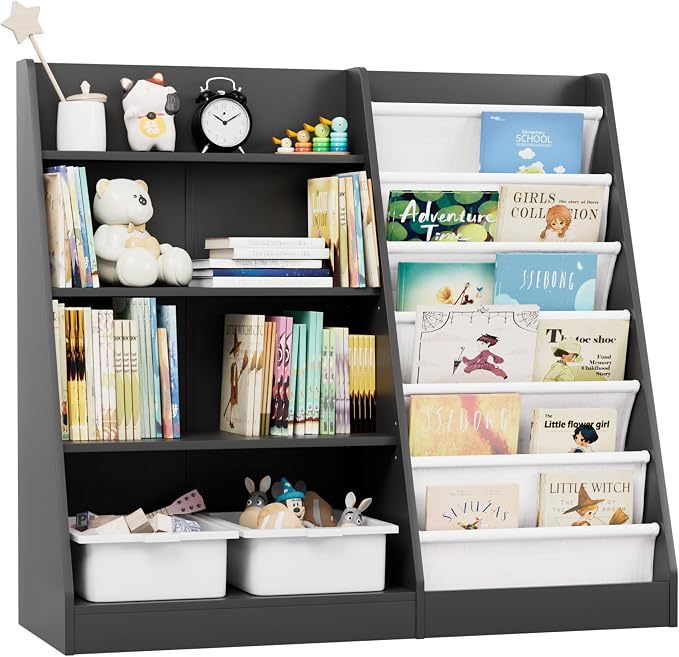 Black Kids Bookshelf Wood Toy Storage Organizer Cabinet Children Bookcase by HedoAjim