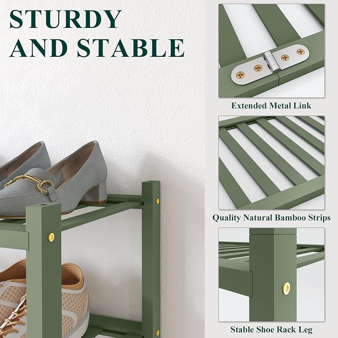 Smiry Bamboo Shoe Rack for Closet, 2 Tier Long Wooden Stackable Shoe Organizer - Image 2
