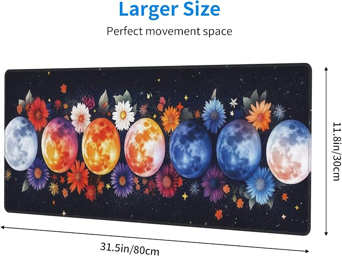 Colorful Moon Phases Large Mouse Pad, Watercolor Flowers Gaming Desk Mat - Image 3
