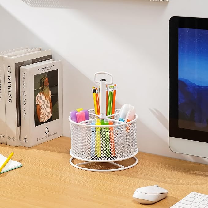 Marbrasse Mesh Desk Organizer, 360-Degree Rotating Multi-Functional Pen Holder - Image 2