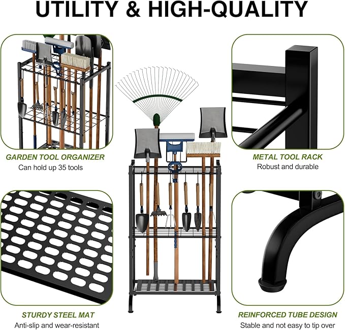 Garden Tool Organizer with Storage Hooks, Yard Tool Tower Rack - Image 3
