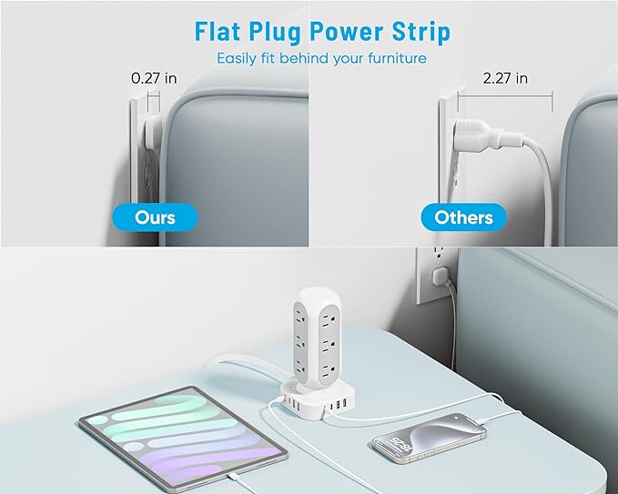 Flat Plug Power Strip Tower 10FT, 40W Total Fast Charging Station, Dual PD 20W - Image 4