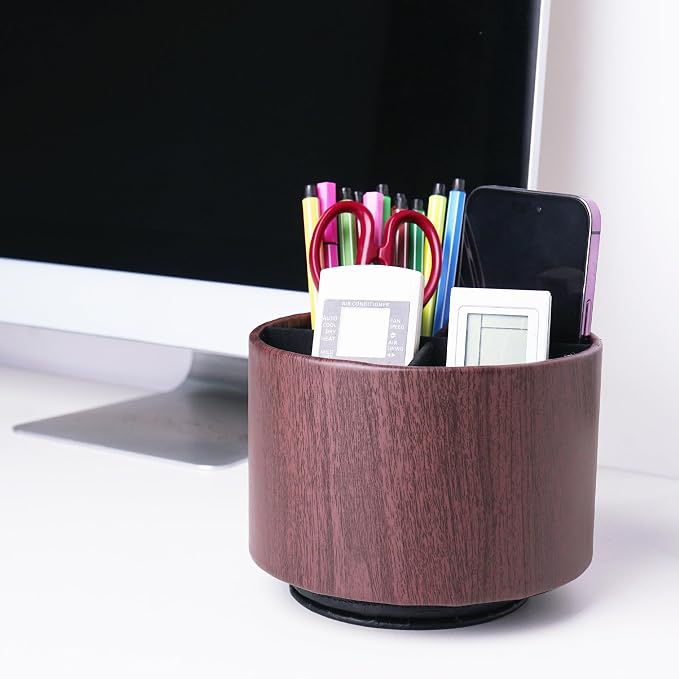 Round Leather Art Supply Organizer, Remote Control Holder, 360 Degree Spinning - Image 7