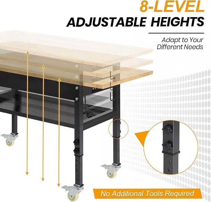 48"/60'' Adjustable Workbench, Rubber Wood Top Work Bench Heavy-Duty Work Table - Image 7