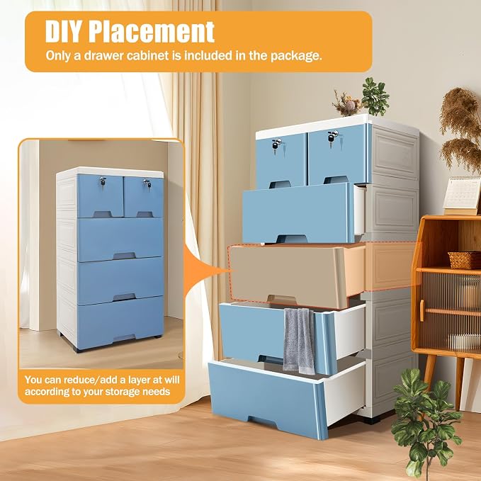 5-Layers Plastic Dresser with 6 Drawers Movable Chest of Drawers Locked Storage - Image 3