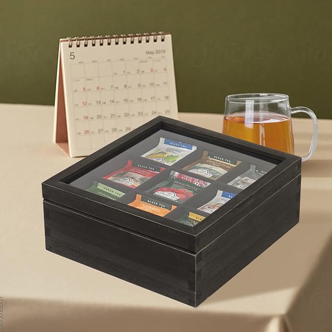 Black Wood Tea Bag Organizer, 9 Compartment Multi-Functional Tea Box and - Image 7