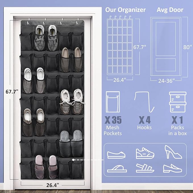 Tiblue Over The Door Shoe Organizers 35 Mesh Pockets Hanging Shoe Organizer - Image 3