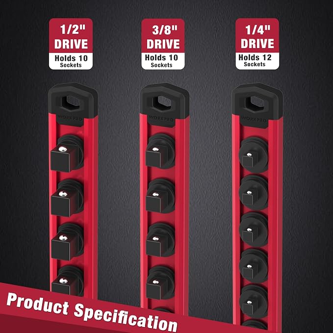 WORKPRO Magnetic Socket Organizer, 3/8-Inch Drive Aluminum Alloy Sockets Rail - Image 8