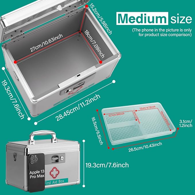 First Aid Box with Key, 11.2 x 7.6 x 7.6 Inches, Empty Lockable Medicine - Image 2