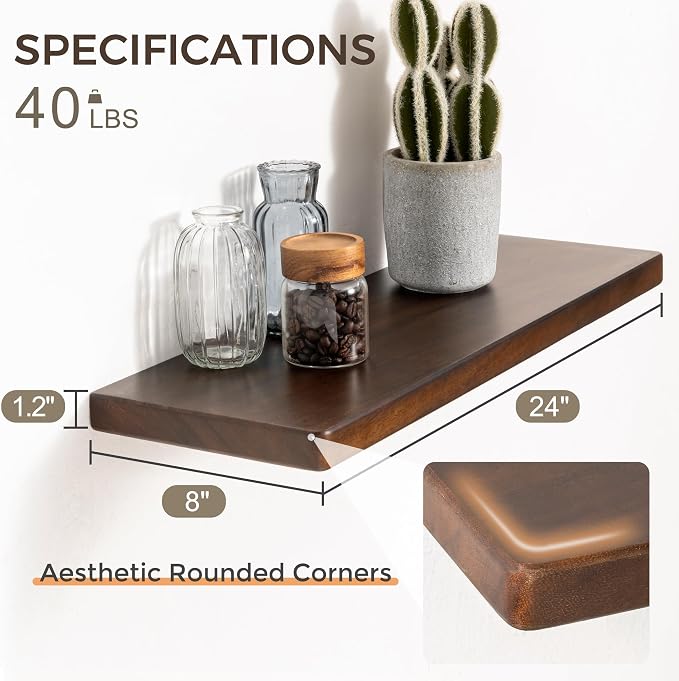 24" Rustic Walnut Wood Floating Shelves, 8 Inch Deep Wall Shelves - Image 3