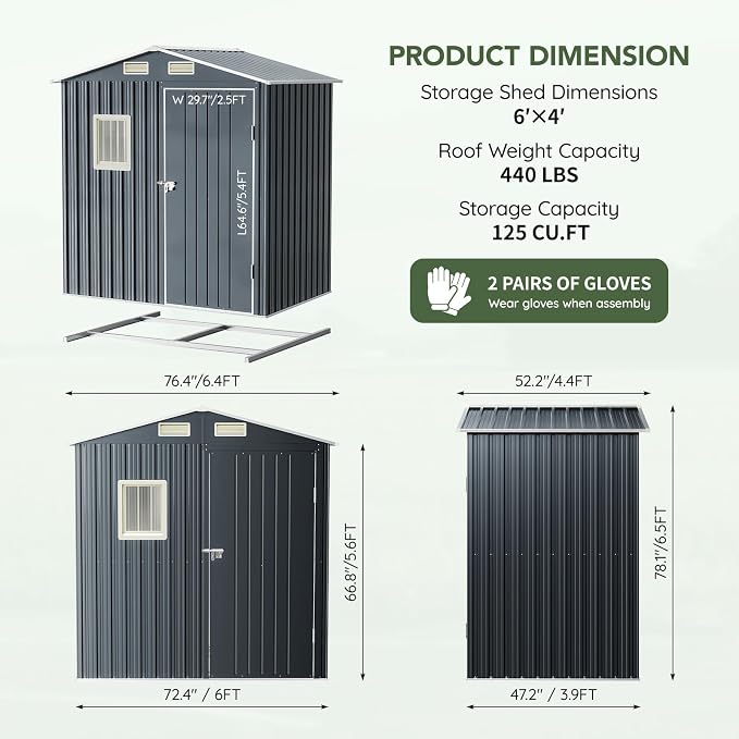 Update Version 6x4 FT Outdoor Metal Storage Shed, Single Door, 1 Clear Window - Image 2