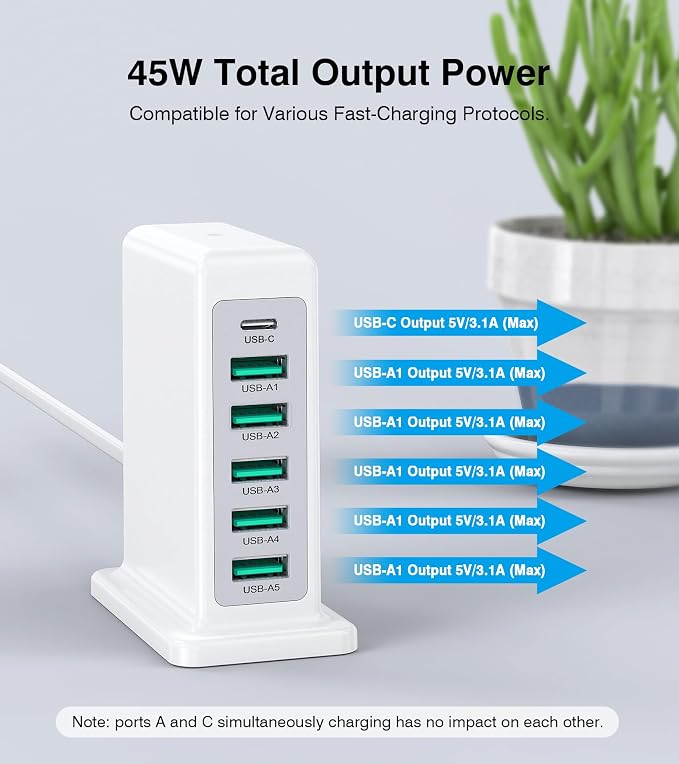 USB Charger Block, 45W 6-Port Charging Station - Image 3