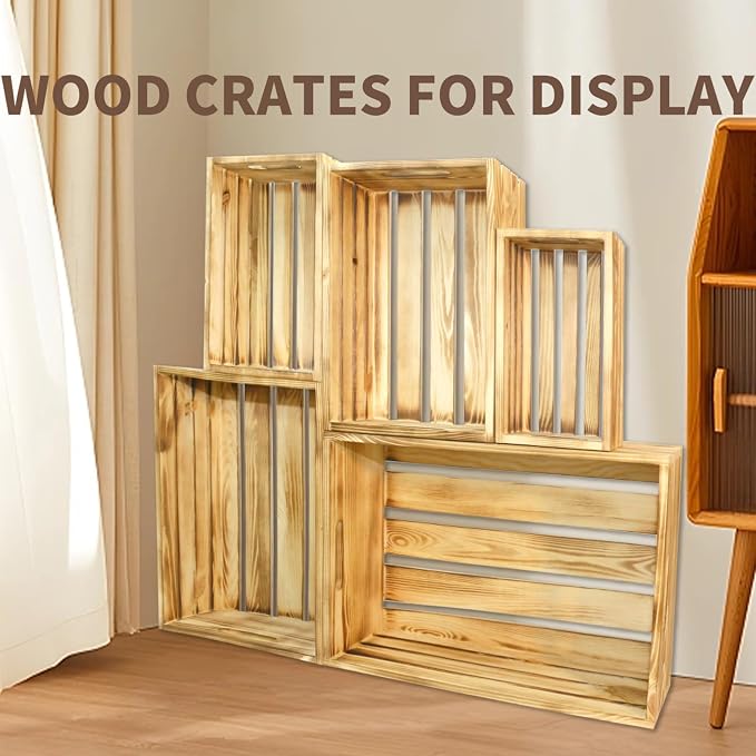 5 Pcs Decorative Wood Crates for Display, 5 Size Large Farmhouse Wooden Basket - Image 6