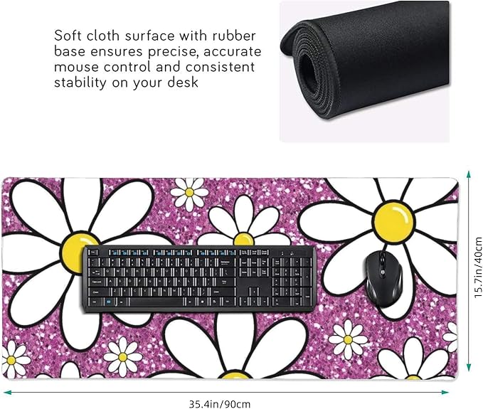 Purple Sparkling Daisy Large Mouse Pad, Flowers Gaming Desk Mat, XXL Keyboard - Image 3