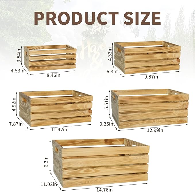5 Pcs Decorative Wood Crates for Display, 5 Size Large Farmhouse Wooden Basket - Image 2