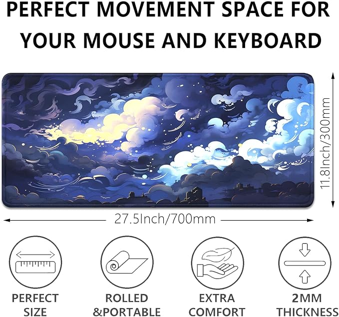 Blue Clouds Mouse Pad, Extended Stars Sky Dark Blue Clouds Mousepad Desk Pad - Image 3