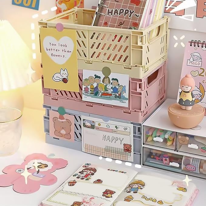 Small Pastel Plastic Storage Bins 2Pcs Foldable Pastel Crates Plastic Basket - Image 7