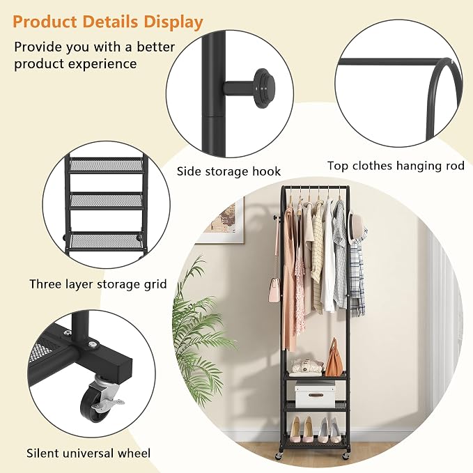 Heavy Duty Clothing Rack with Wheels, Modern Garment Rack with 3 Metal Shelves - Image 3