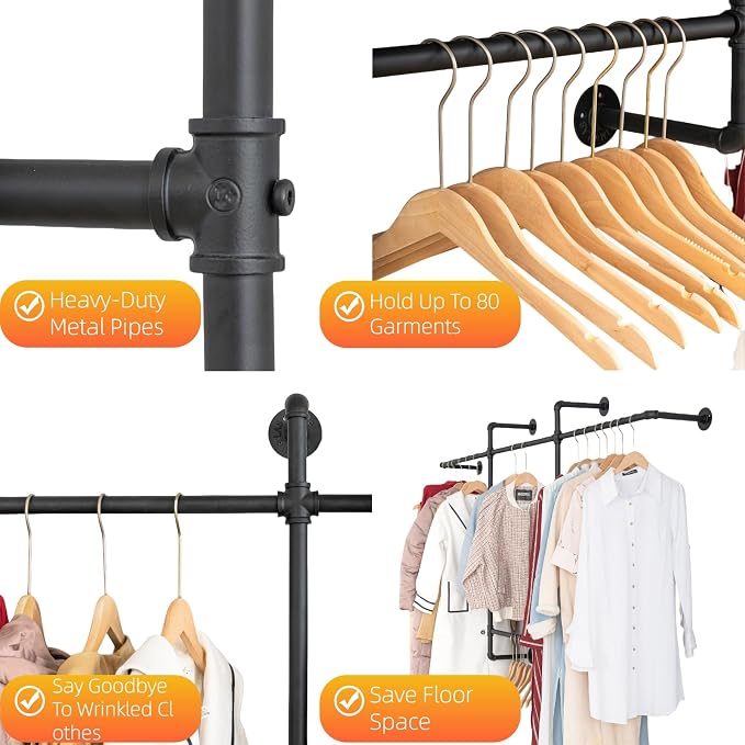 Industrial Pipe Clothing Rack, Hanging Garment Rack, Wall Mounted Pipe Clothes - Image 3