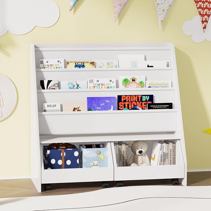 Kids Bookshelf with Two Movable Drawers Toddler Bookcase with Toy Storage - Image 2