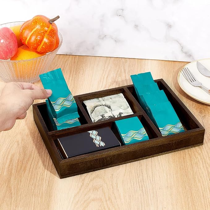 PH PandaHall 5 Grids Wooden Tea Bag Organizer Tea Storage Tray Sugar Packet - Image 3