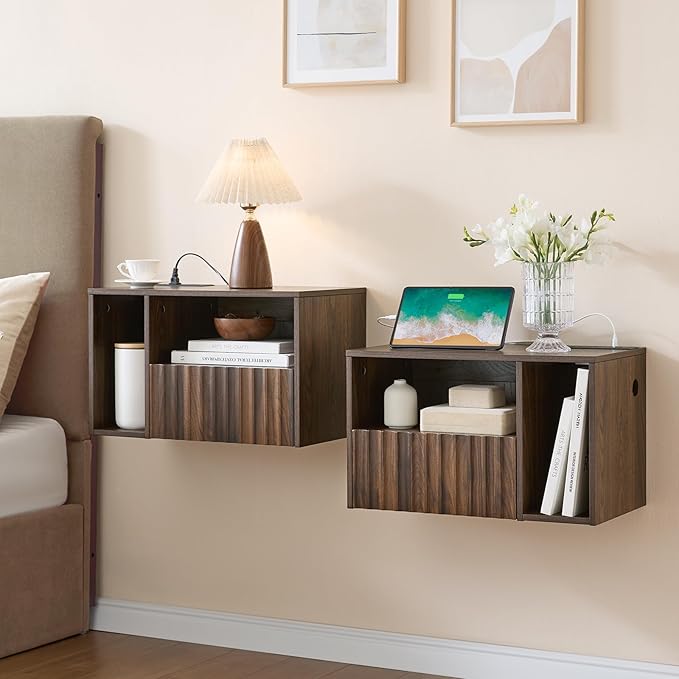 Floating Nightstand with Charging Station, Walnut Fluted Wall Mounted by BuildHom