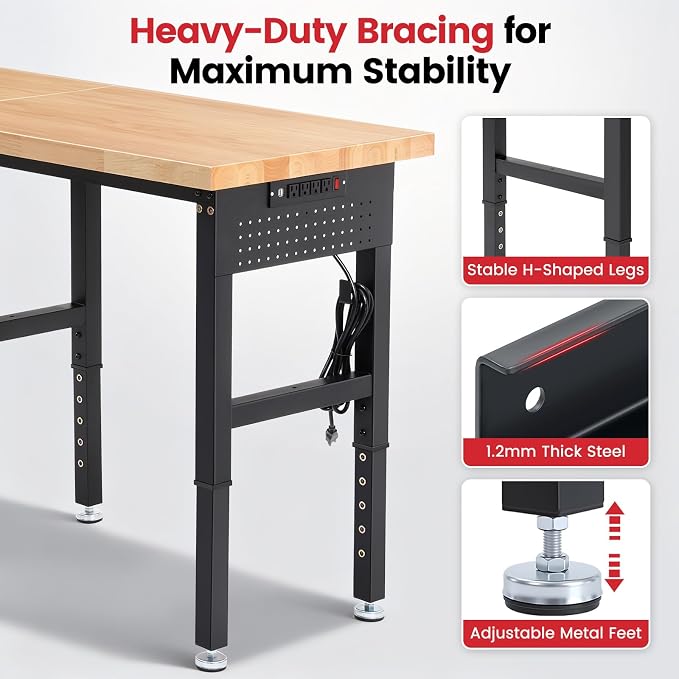 Workbench 72 x 24 Inch Heavy Duty Adjustable Height Work Table - Image 3